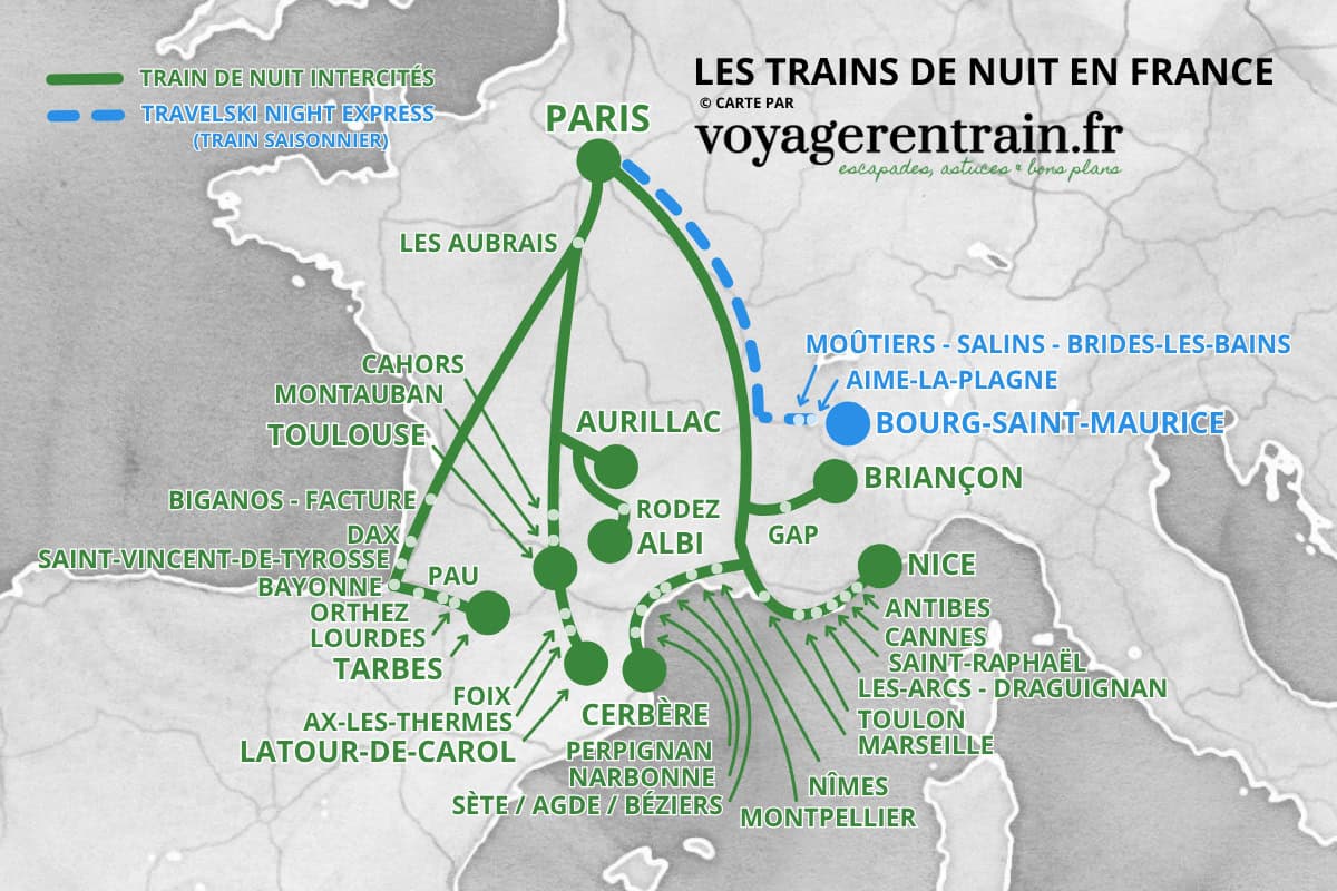 Carte des lignes de train de nuit en France © voyagerentrain.fr