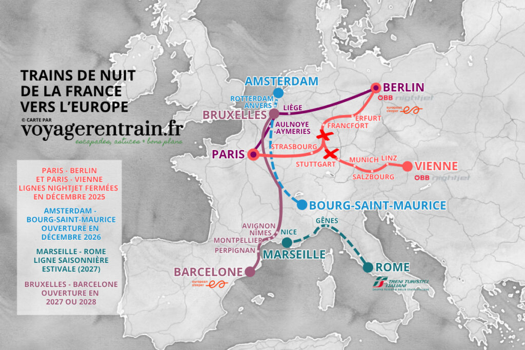 Carte des trains de nuit de la France vers l'Europe en 2026 ©voyagerentrain.fr