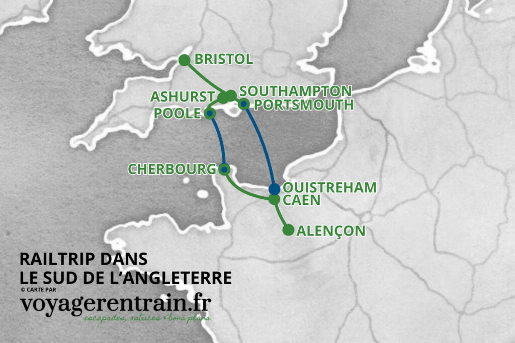 Railtrip dans le sud de l'Angleterre au départ de la Normandie © carte voyagerentrain.fr