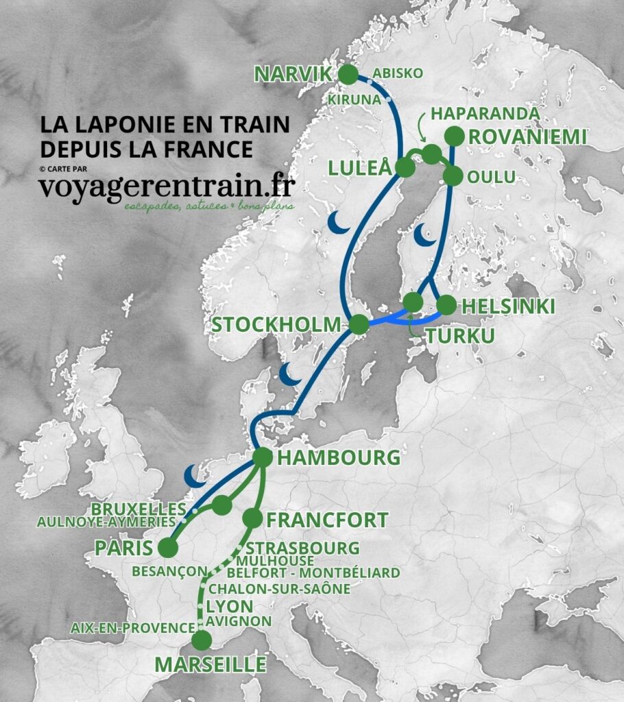 Carte : itinéraires pour rejoindre la Laponie en train - ©voyagerentrain.fr