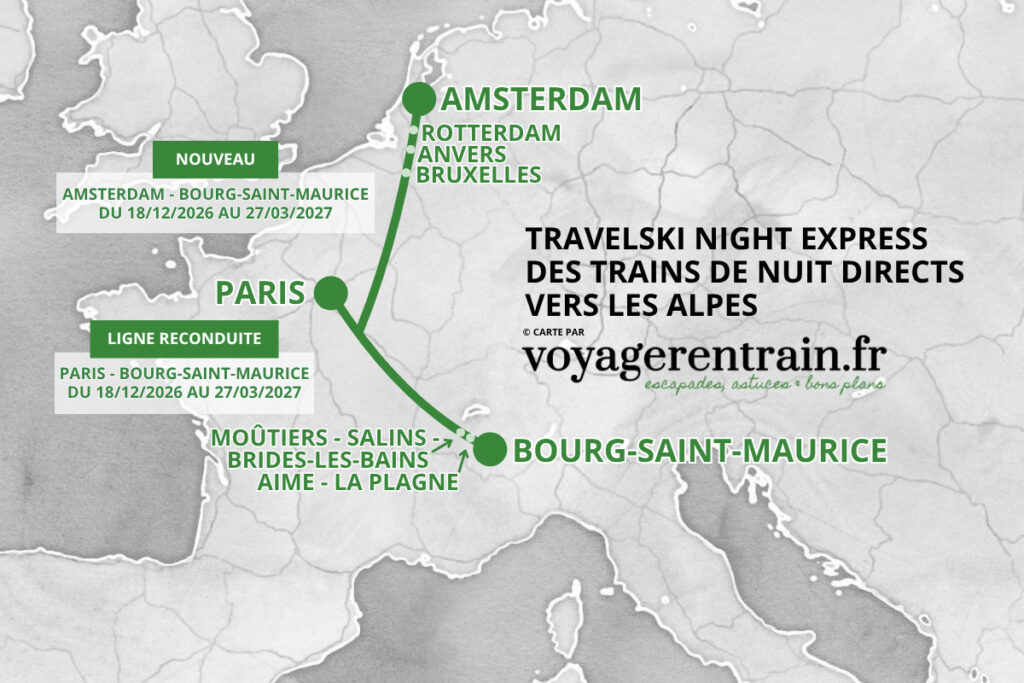 Carte des lignes de train de nuit Travelski Night Express pour l'hiver 2026 / 2027 © voyagerentrain.fr