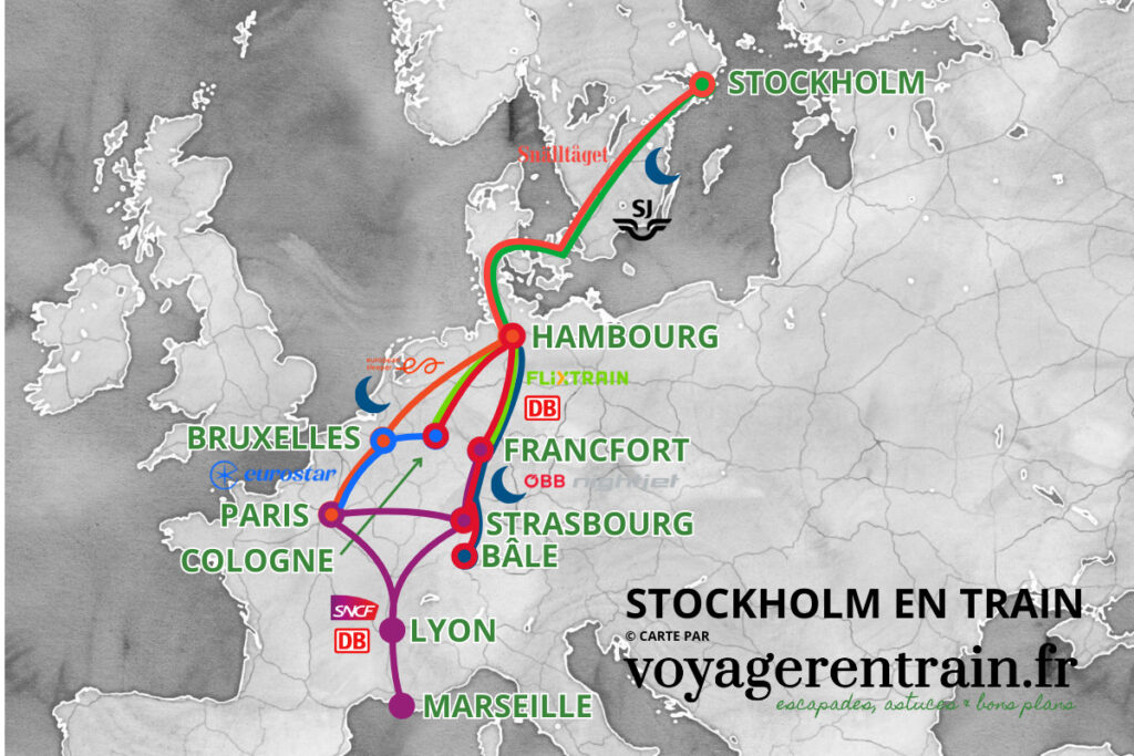 Carte des itinéraires pour se rendre en train à Stockholm (Suède) © voyagerentrain.fr