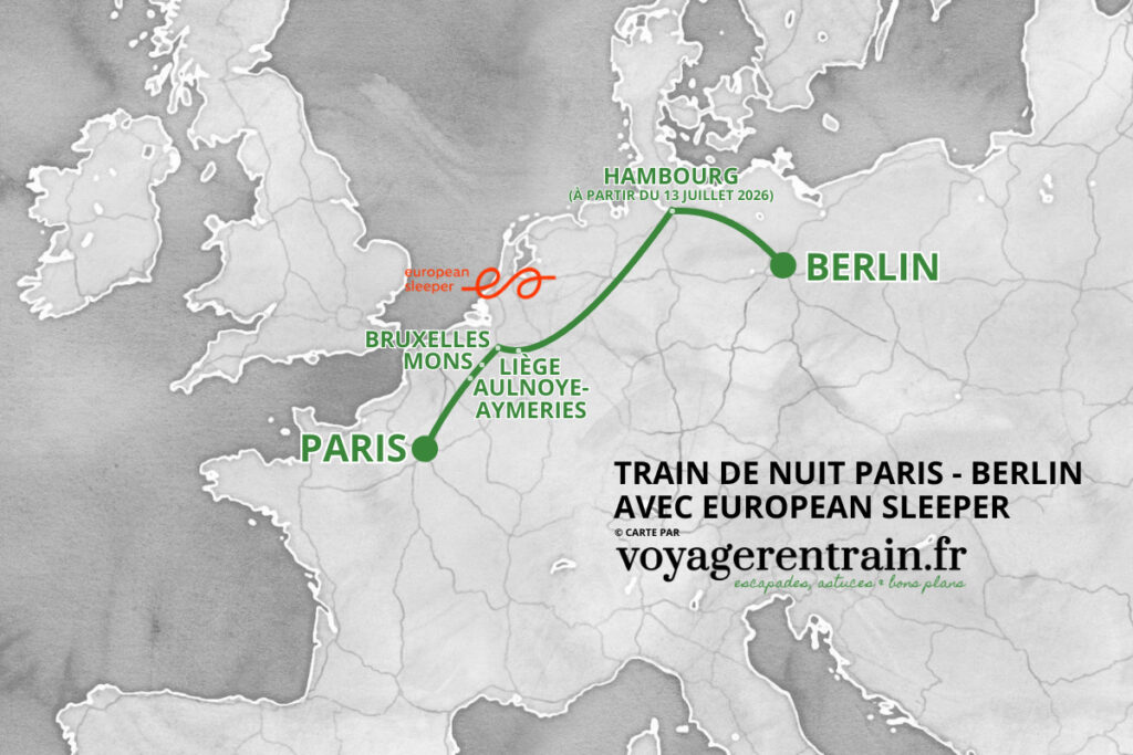Carte de la ligne de train de nuit Paris - Berlin © voyagerentrain.fr 