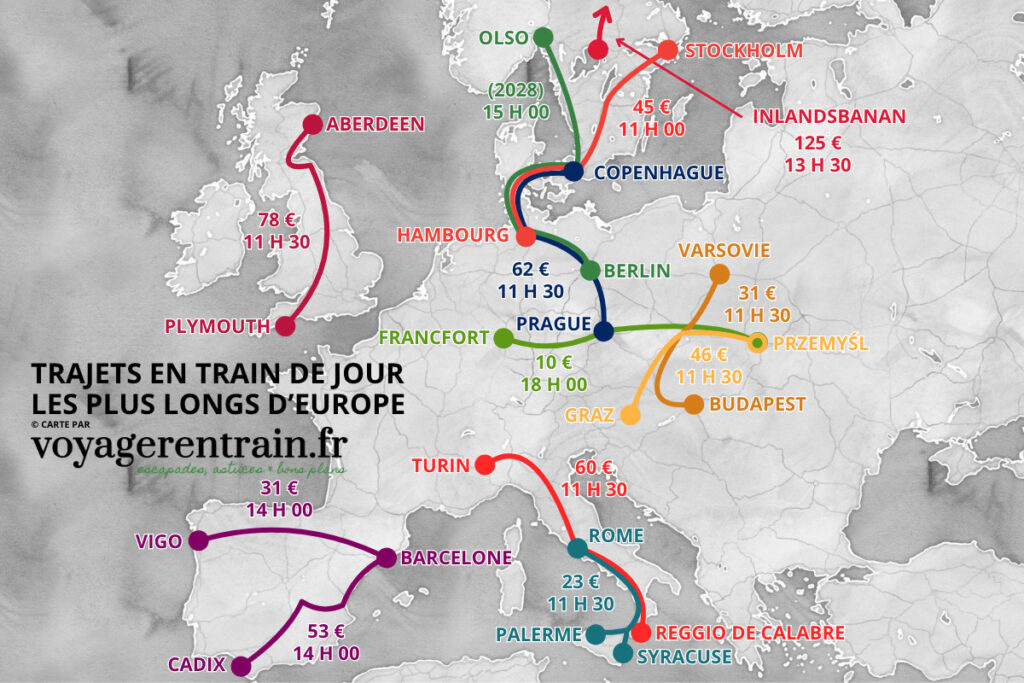 Carte des 12 plus longs trajets pour traverser l'Europe à petit prix en train © voyagerentrain.fr