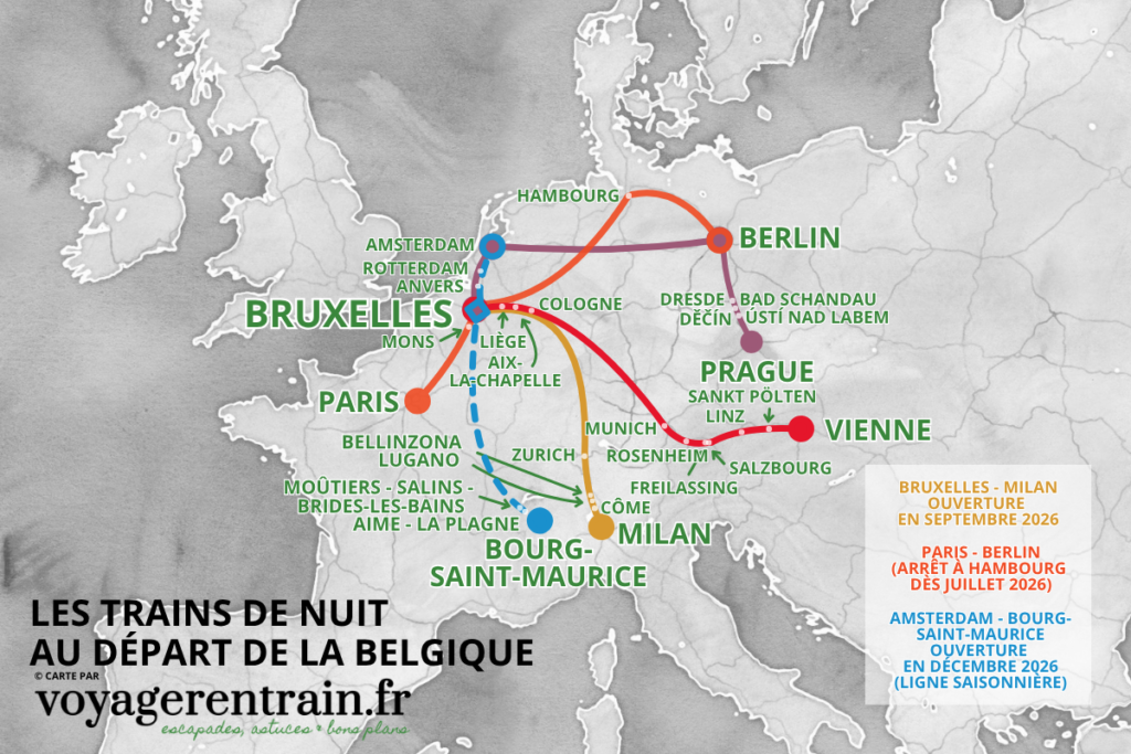 Carte des lignes de train de nuit depuis la Belgique © voyagerentrain.fr