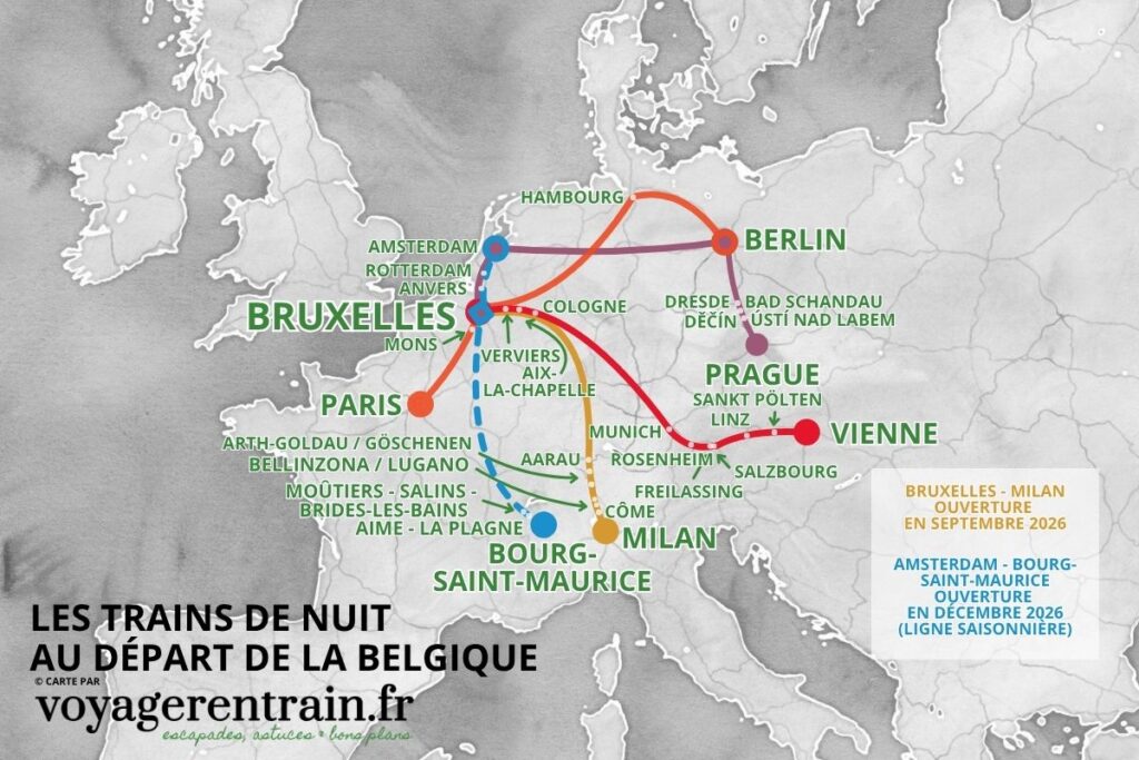 Carte des lignes de train de nuit depuis la Belgique © voyagerentrain.fr