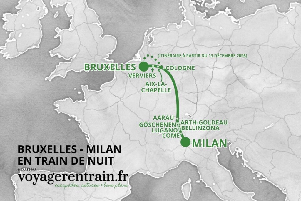 Carte des trains de nuit Bruxelles - Milan - © voyagerentrain.fr