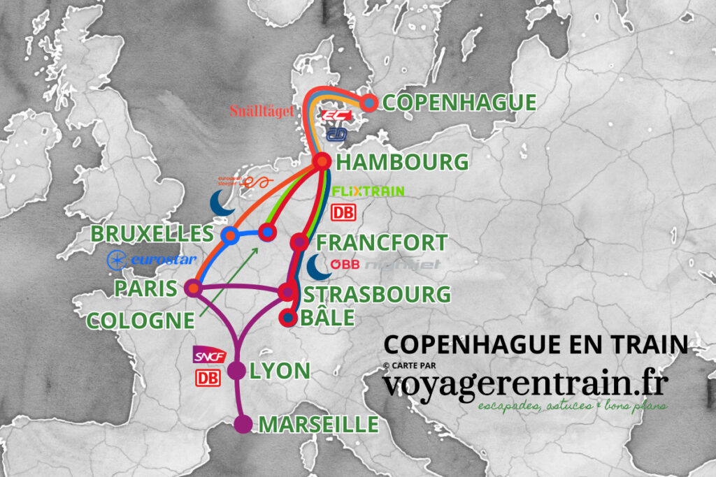 Carte des itinéraires pour se rendre en train à Copenhague (Danemark) © voyagerentrain.fr