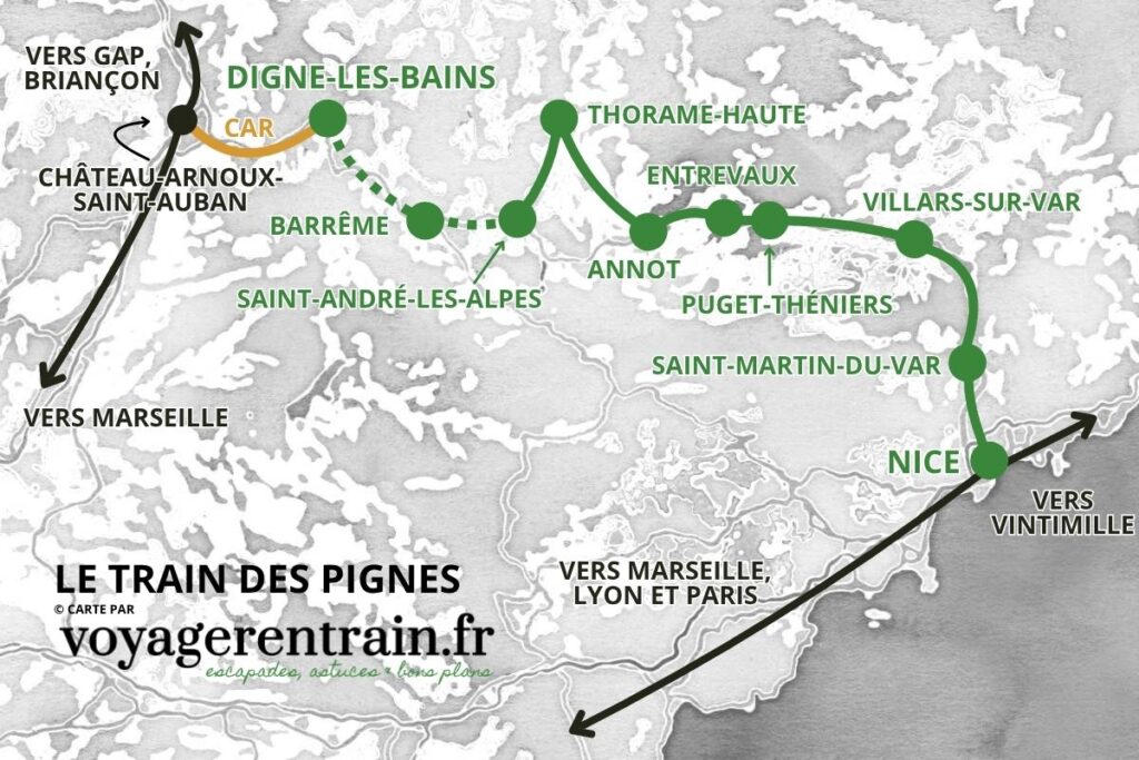 Carte des gares desservies par le train des Pignes © voyagerentrain.fr