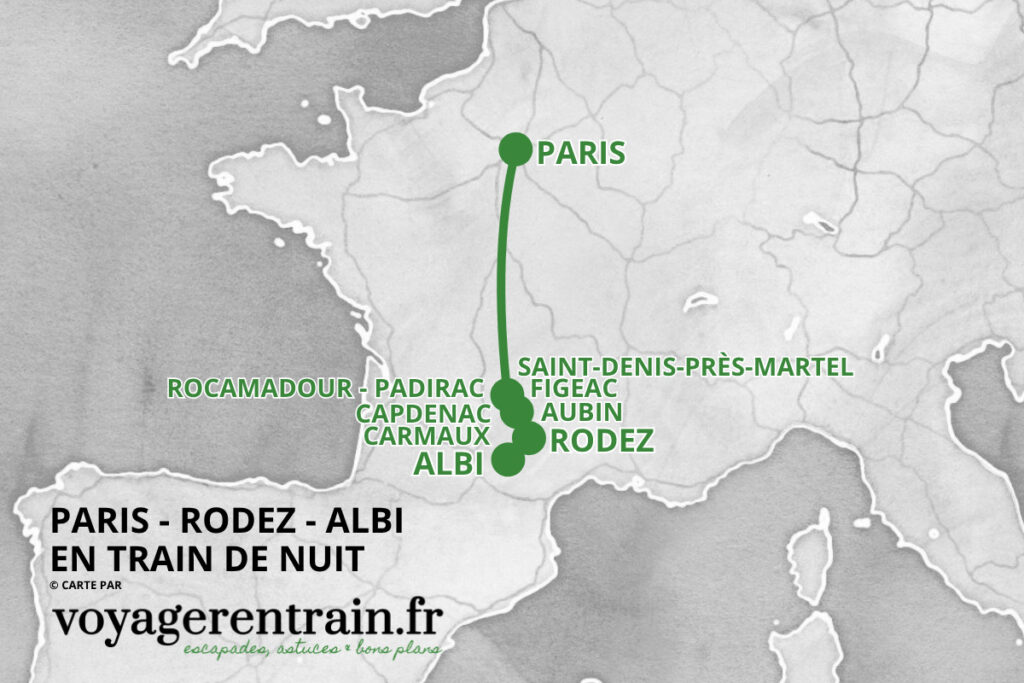 Carte du train de nuit Paris - Rodez - Albi © voyagerentrain.fr