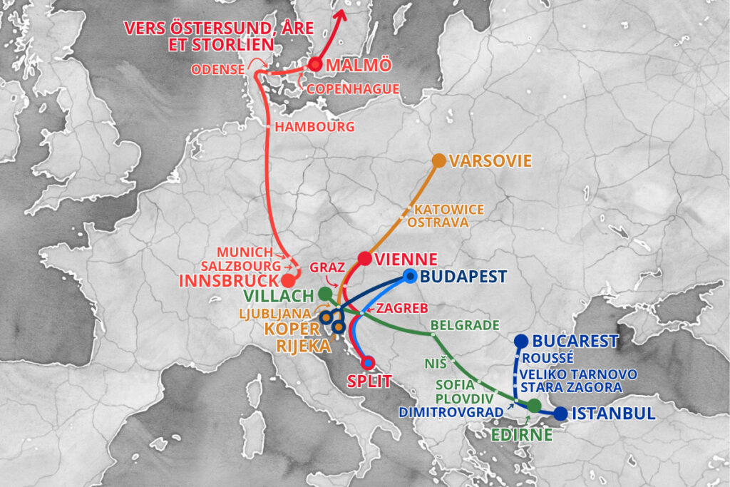 Carte des trains de nuit saisonniers internationaux pour l'été 2026 - © voyagerentrain.fr