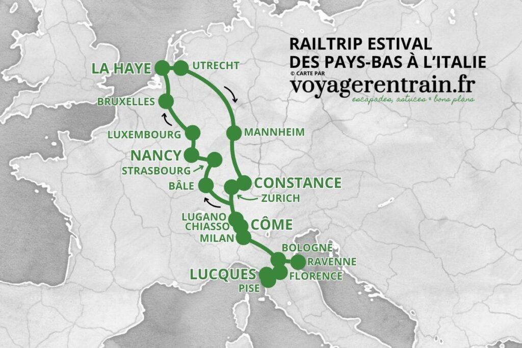 Carte voyage Interrail Pays-Bas, France, Italie © voyagerentrain.fr