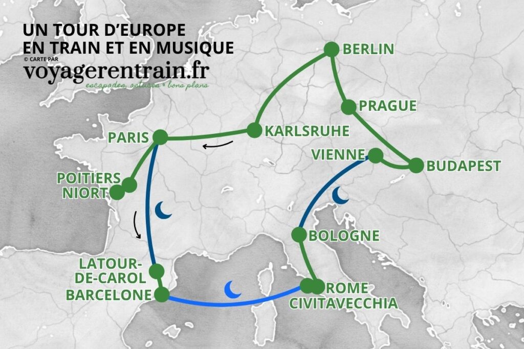 Carte - tour d'Europe en train et en musique - association Action Inclusive