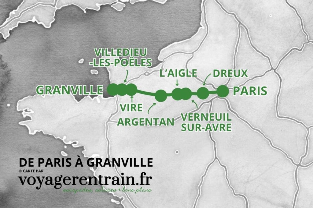 Carte gares desservies sur la ligne Paris - Granville © voyagerentrain.fr